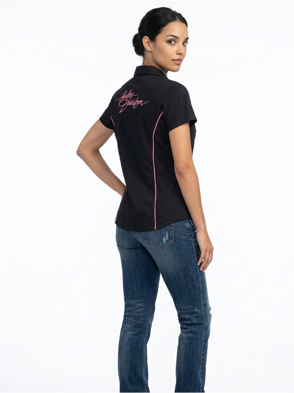 Harley-Davidson Black Button-Down Shirt with Pink Piping